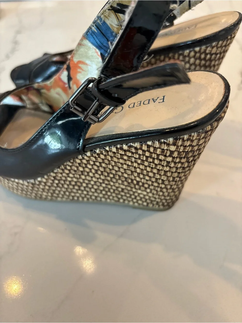 Faded Glory Black Patent Wedge Slingback Sandals SW